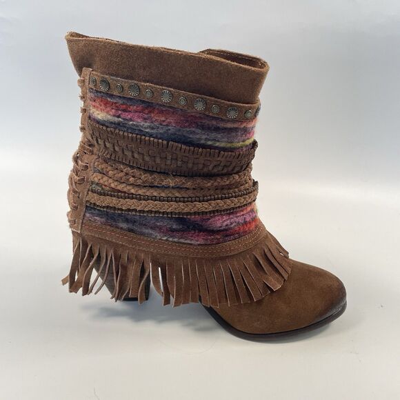 Naughty Monkey Ankle Suede Boho Fringe Heeled Booties Leather Size 9 - Picture 1 of 11